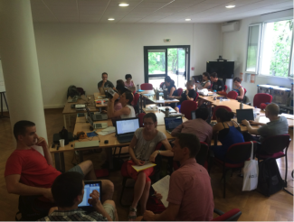 Students discussing group project ideas at the NEON-ICOS Carbon Workshop June 2015, Observatoire de Haute-Provence, France