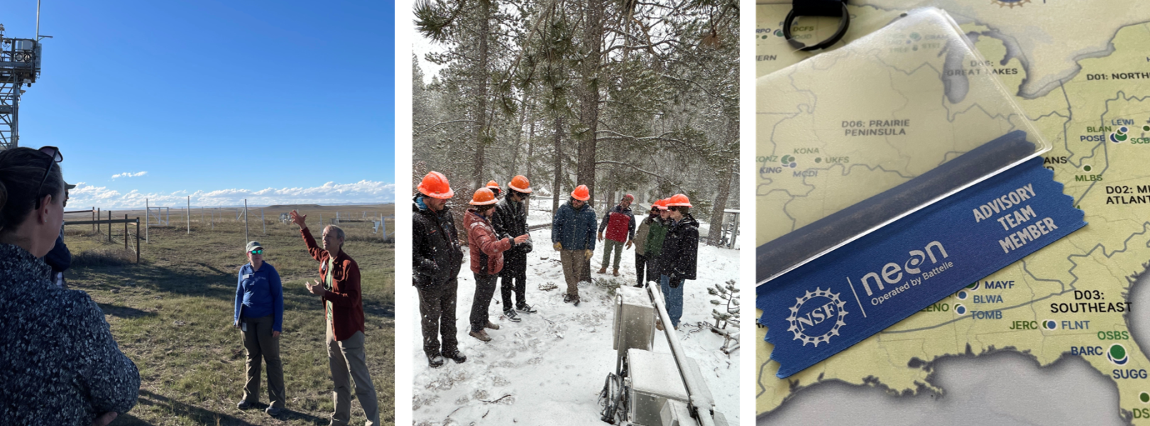 Two images of people sharing information outside and an image of a name badge for Advisory Committee members
