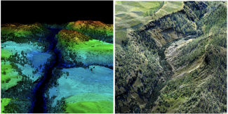 Data products from YELL (D12) site. Left: Digital surface model. Right: Discrete lidar point cloud colorized by RGB camera imagery.
