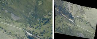Figure 2 - Image C0119_2019-07-20_11644_12969 taken from Yellowstone National Park in 2019: left, the raw image, right: the orthorectified image. 