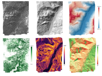 Figure 5 – L3 lidar products. Clockwise from top left: DSM hillshade map, DTM hillshade map, DTM hillshade map colored by elevation, terrain aspect, terrain slope, and canopy height model at Miriam Fire (MRMF), an assignable asset (NSF rapid response) flight to assess post-wildfire ecosystem structure in conjunction with the Burned Biomass FLUX (BBFLUX) group. 