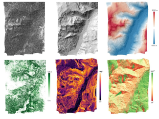 Figure 5 – L3 lidar products. Clockwise from top left: DSM hillshade map, DTM hillshade map, DTM hillshade map colored by elevation, terrain aspect, terrain slope, and canopy height model at Miriam Fire (MRMF), an assignable asset (NSF rapid response) flight to assess post-wildfire ecosystem structure in conjunction with the Burned Biomass FLUX (BBFLUX) group.