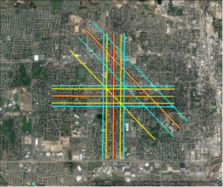 Figure 7- LiDAR Boresight flight lines collected over Greeley Colorado. Red lines are flown at 1500m AGL, yellow lines at 1000m AGL, and blue lines at 500m AGL. 