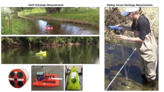 Discharge is measured at NEON aquatic sites using ADCP instrumentation and wading surveys.  Left: ADCP deployment includes trimaran floats pulled across the channel with rope and pulleys at wadable stream sites and remote-controlled boats at river sites.  Right: Discharge is measured using wading surveys during the low-flow regime at wadable stream sites.   