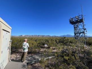 Researcher Robert Bordelon looking out at a NEON flux tower