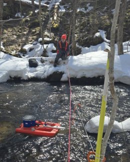 A technician uses an Acoustic Doppler Current Profiler to measure stream velocity