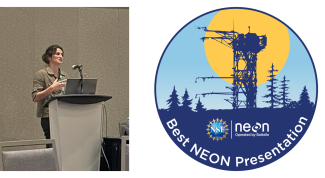 Alyson East giving a presentation and the Best NEON Presentation award emblem