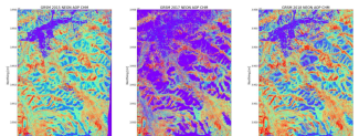 Lidar images of an area of the GRSM field site in 2015, 2017, and 2018