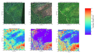 Three images of the GRSM field site over time using spectrometer data and the same area of lidar data showing relative heights of the vegetation. 