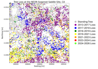 A map showing a range of colors indicating years when trees were lost at the SOAP field site