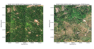 SOAP field site in 2013 and 2026 from above using Airborne Observation Platform spectrometer data 