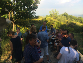 Students and Instructors enjoy evening sunshine before dinner on the terrace at the NEON-ICOS Carbon Workshop June 2015, Observatoire de Haute-Provence, France