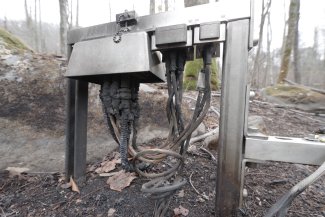 Fire damage on a soil sensor array at Great Smoky Mountains, Twin Creeks field site from the east Tennessee wildfires. Associated article "NEON's Great Smoky Mountains data will capture Tennessee fire impacts on local ecology"