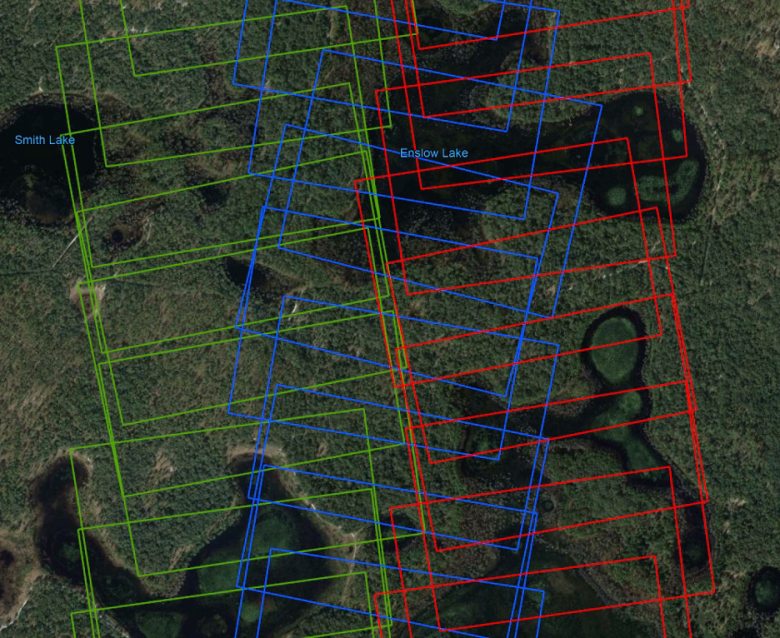 Figure 1 - Sample of the flight track for camera data collected on April 15th, 2019 over the site DSNY showing the extent of overlap among the images. Green, red and blue images were captured in three respective flight lines. (Background from GoogleEarth)