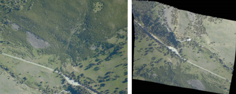 Figure 2 - Image C0119_2019-07-20_11644_12969 taken from Yellowstone National Park in 2019: left, the raw image, right: the orthorectified image.