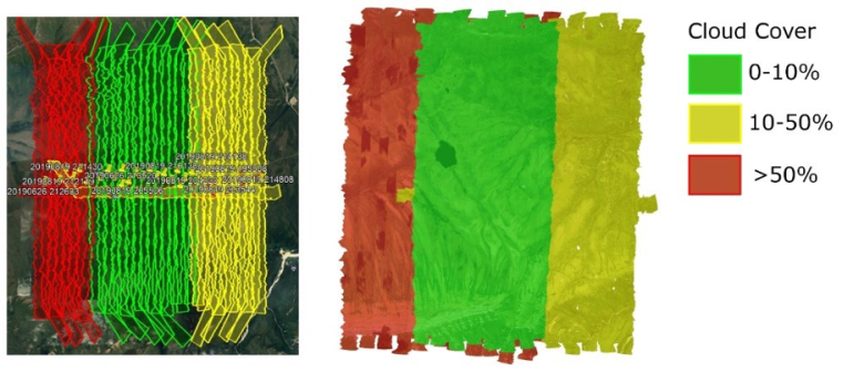 Figure 5 - 2019 HEAL collection showing spatial weather quality metadata. Left: flightline KMLs colored by observed weather conditions in Google Earth, right: Weather conditions used in pixels selected for final mosaic.