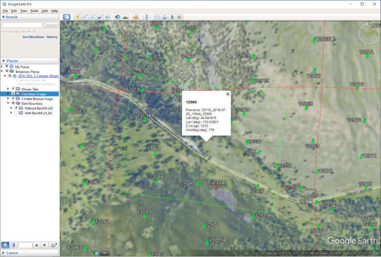 Figure 7 - 2019_YELL_2_mosaic.kmz opened in GoogleEarthPro, showing the low resolution browse image and L1 and L3 image thumbtacks with associated metadata.