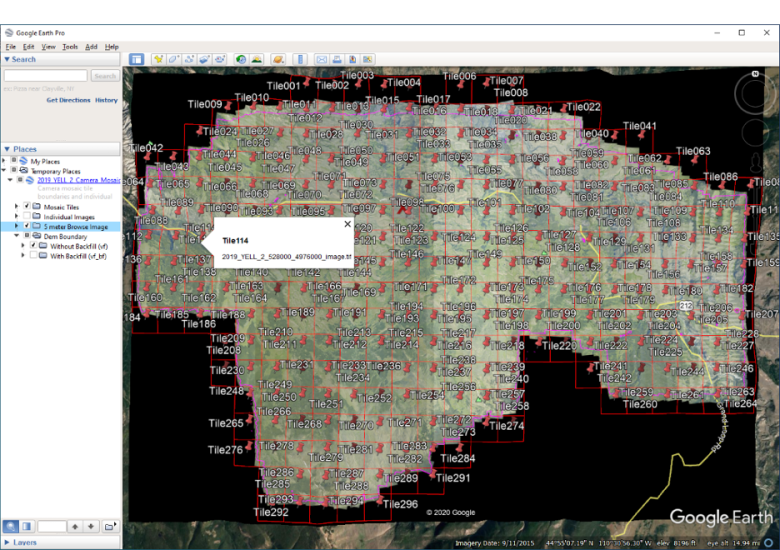 2019_YELL_2_mosaic.kmz opened in GoogleEarthPro, showing the low resolution browse image and the L3 tile boundaries.